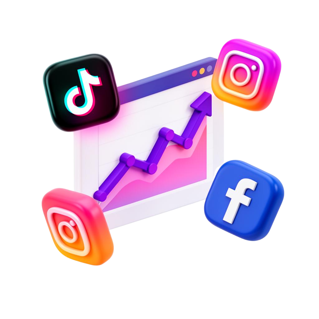 Performance marketing dashboard with growth chart and social icons